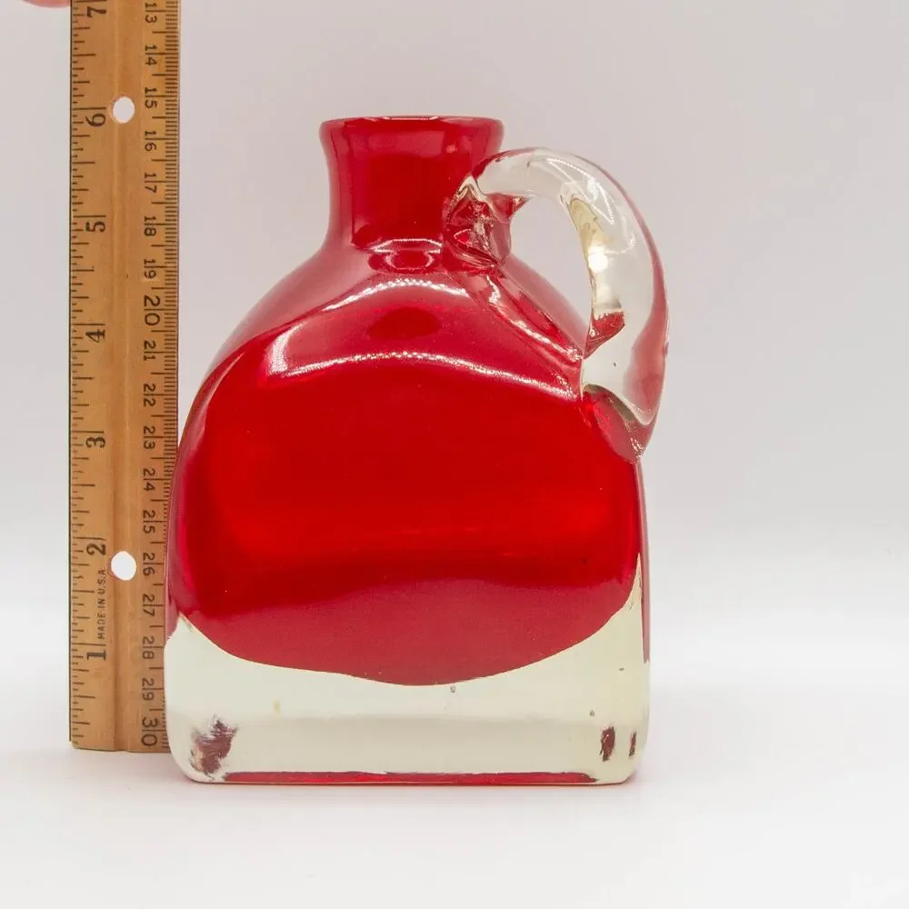 Gorgeous Designs Ruby Red Art Glass Pitcher Clear Applied Handle Heavy Base